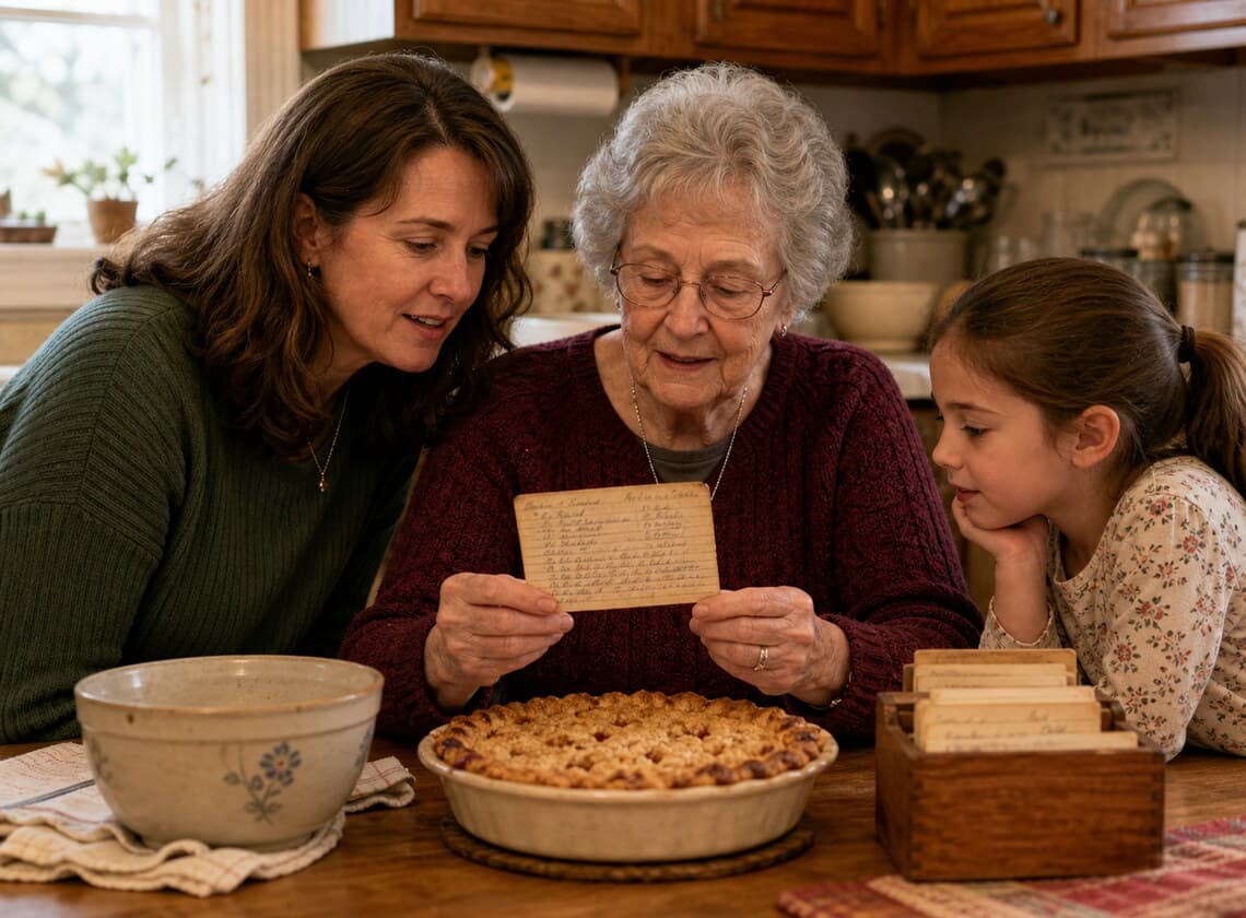 A grandmother, daughter, and granddaughter reading a handwritten recipe card beside a homemade pie